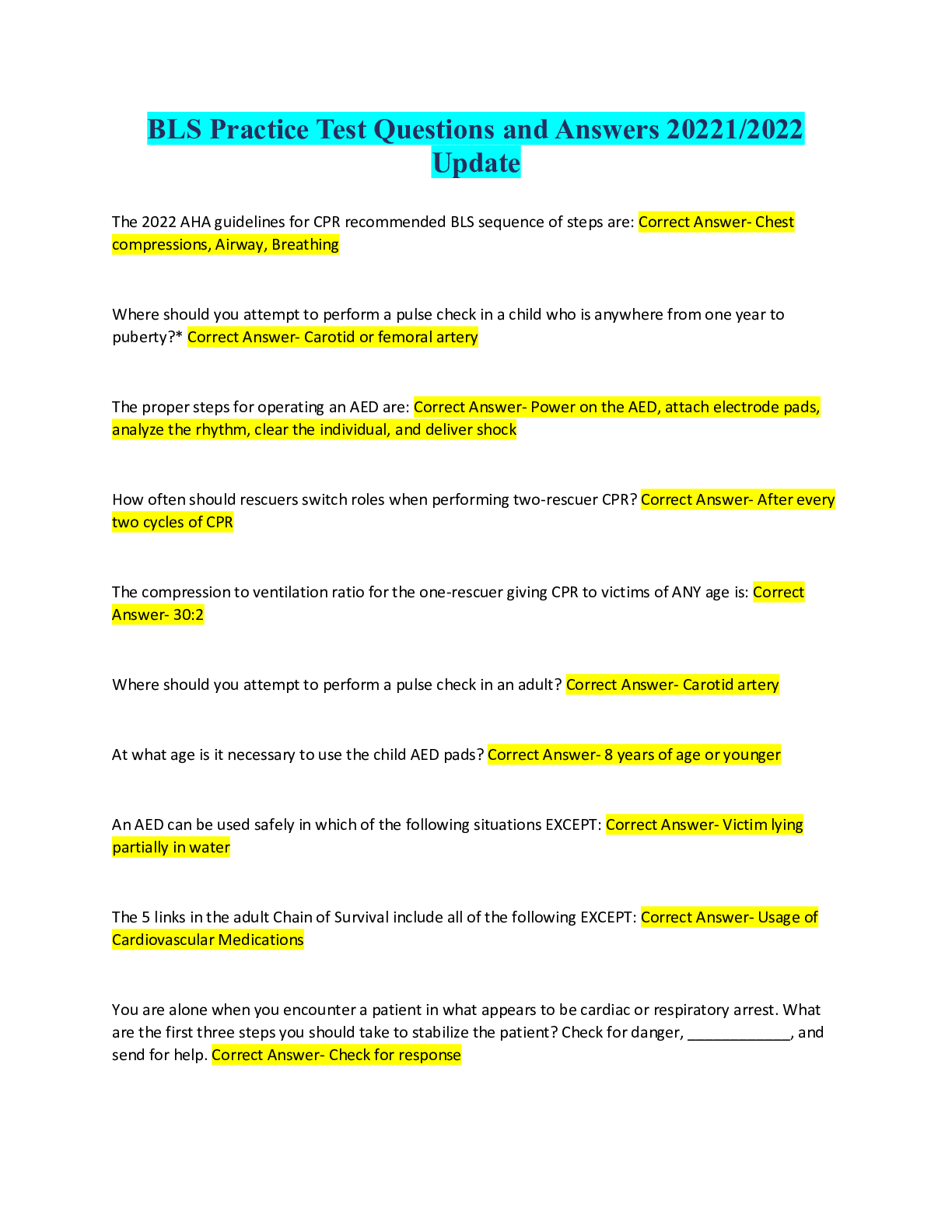 Preview of BLS Practice Test Questions and Answers 20221/2022 Update